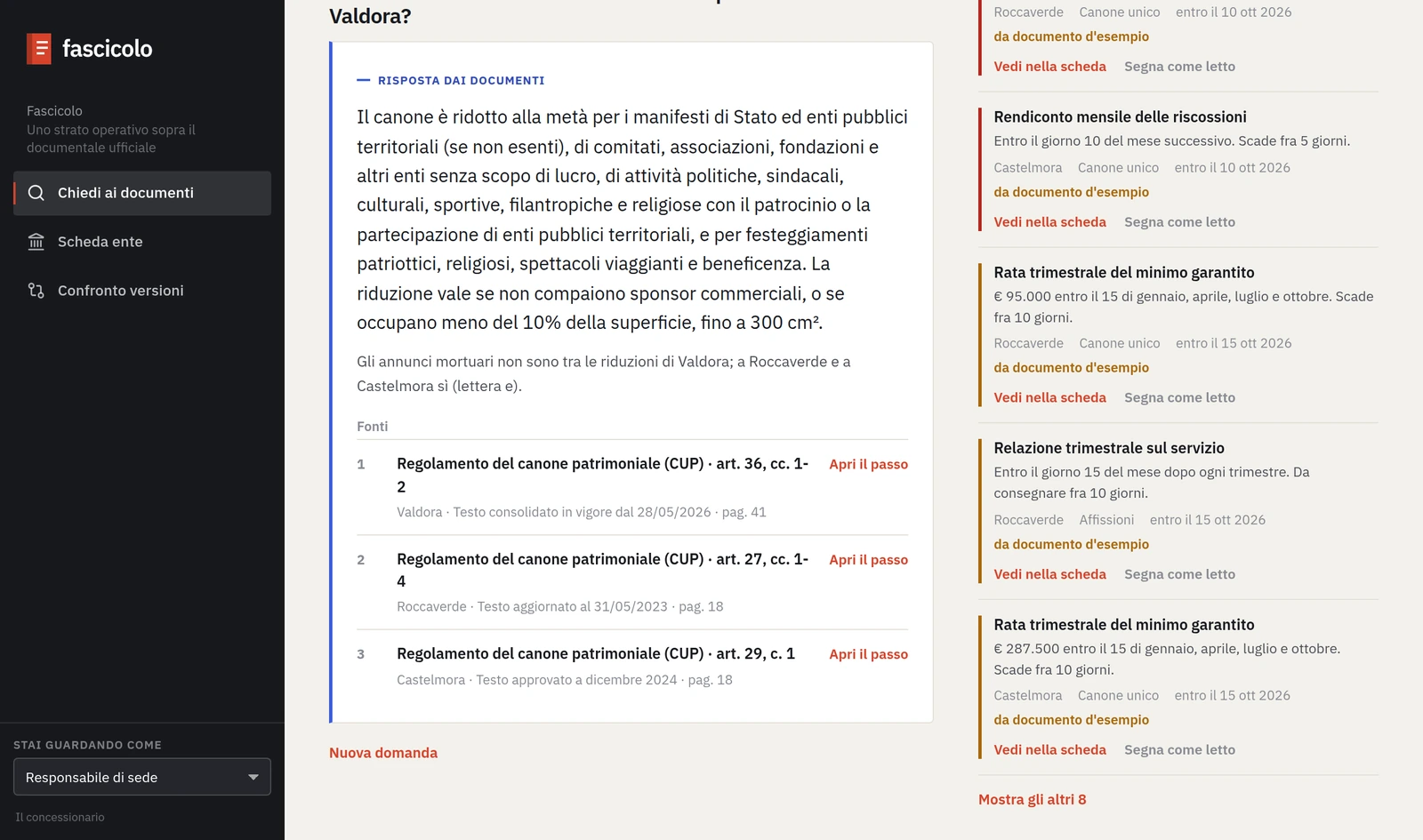 Il concept Regolamenti e contratti: una risposta sulle riduzioni del canone per le affissioni, scritta a partire dai regolamenti di tre comuni inventati, con le tre fonti elencate sotto per articolo, versione e pagina.